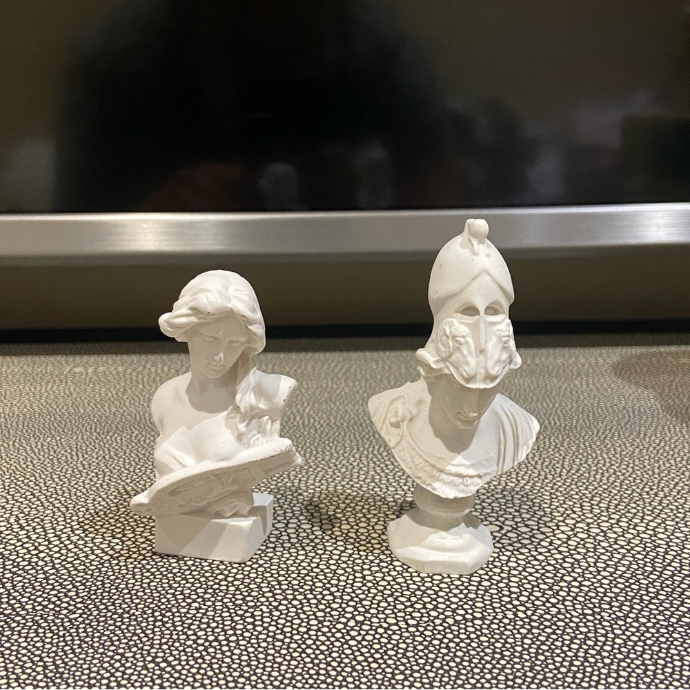 Unique smaller statues Greek Roman soldier and goddess hero heroine alabaster